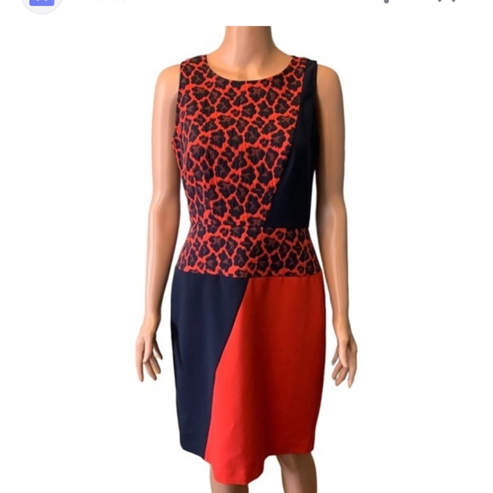 Ann Taylor Dress Womens XS Crosstown Sheath Red Blue Leopard Colorblock Career